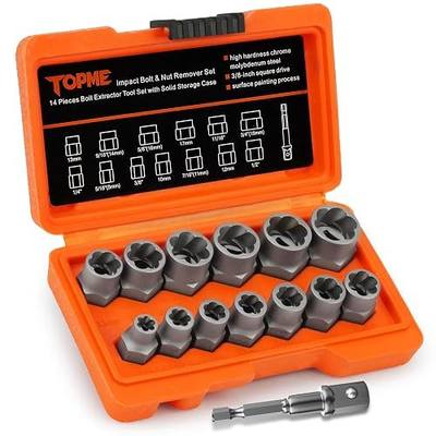 Bolt Extractor Kit,14 Piece Impact-Grade CR-MO Steel Nut Remover Set | 3/8" Drive Socket for Removing Frozen, Rusted, Rounded Bolts & Lug Nuts (Sizes 8-19mm)
