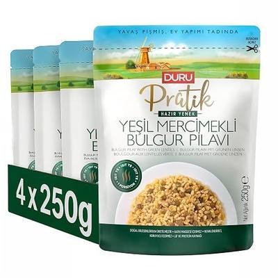 Duru Ready Bulgur Pilaf with Green Lentils, 250g x 4 Pack – Heat & Eat, 100% Natural, Non-GMO, BPA Free, No Trans Fat, No Preservatives
