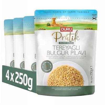 Duru Ready Bulgur Pilaf with Butter, 250g x 4 Pack – Heat & Eat, 100% Natural, Non-GMO, BPA Free, No Trans Fat, No Preservatives