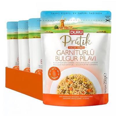 Duru Ready Bulgur Pilaf with Garnish, 250g x 4 Pack – Heat & Eat, 100% Natural, Non-GMO, BPA Free, No Trans Fat, No Preservatives