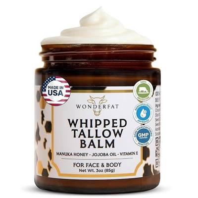 Grass-Fed Whipped Tallow Balm, Face and Body Moisturizer with Manuka Honey, Fragrance Free Tallow Moisturizer for Sensitive Skin, Beef tallow for skin, Lightweight Tallow Cream, 3 oz