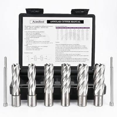 Annular Cutter Set, 6pcs, 5/8", 3/4", 7/8" Cutting Diameter | Weldon Shank Mag Drill Bits, 2" Cutting Depth, M2 HSS, 2 Pilot Pins, Portable Case