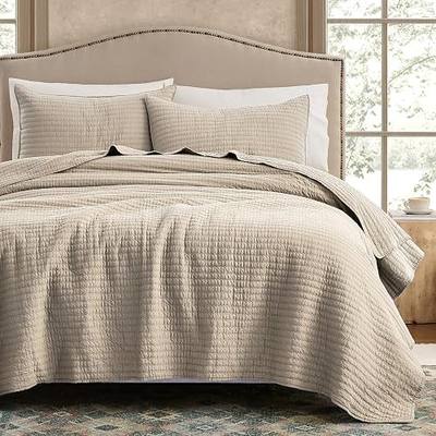 WDCOZY 100% Cotton King Size Quilt Set - Beige Neutral Striped Pick Stitch Soft Lightweight Bedspread, Textured Like Linen, Farmhouse Country Rustic Coverlet, Shabby Chic Gauze Bedding, 3 Pieces