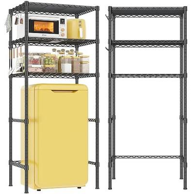 REIBII 3-Tier Mini Fridge Shelf with Storage, 264LBS Metal Shelving with 8 Hooks, Adjustable Height Organizer for Dorm, Kitchen, Apartment & Office, Microwave Rack, 26.38" Wx18.1 Dx65.36 H, Black