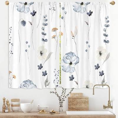 Watercolor Floral Kitchen Curtain 27.5W X 39L Inch 2 Panel Beige Blue White Flower Minimalist Cute Plant Leaves Summer Small Short Cafe Tier Window Treatment Drapes Bathroom Curtain Home Decor