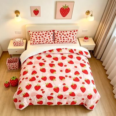 FUYEUN Strawberry Comforter Set Full/Queen, Pink Fruit Bedding for Bedroom