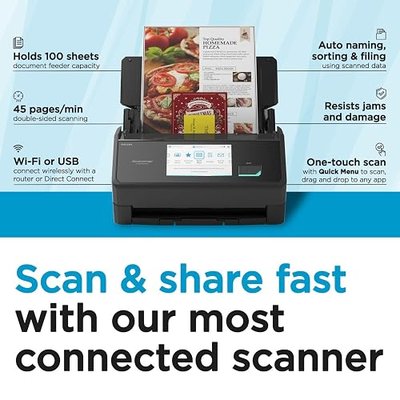 ScanSnap iX2500 Wireless or USB High-Speed Cloud Enabled Document, Photo & Receipt Scanner with Large 5" Touchscreen and 100 Page Auto Document Feeder for Mac or PC, Black