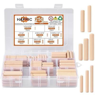 Hapric 250 Pcs 8 Sizes Wooden Dowel Pins Hardware Pins with Box | 1/4'' 5/16'' 3/8'' Solid Hardwood, Fluted For Secure Fit, Labeled Case For Woodworking, Furniture Repair, And Diy Crafts