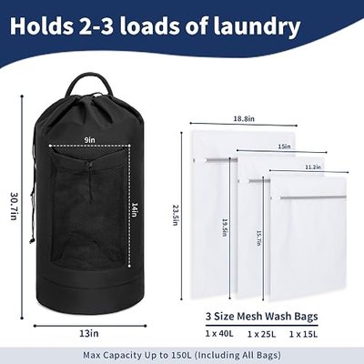 150L Laundry Bag Backpack with 3 Sizes Mesh Wash Bags and Shoulder Straps Foldable Clothes Hamper Bag with Drawstring Closure for College, Apartment, Laundromat(Black)