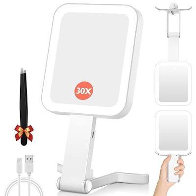 GOMIPURU Magnifying Travel Mirror with Light, 30X/1X Double-Sided Magnifying Mirror with 3 Color Lights, Brightness Adjustable, Foldable Handheld Makeup Mirrors Portable for Travel and Desktop, White