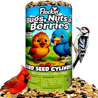 Bugs, Nuts & Berries Bird Seed Cylinders with Hole - USA Made (4" x 7.75") | Mealworms, Nuts & Berries Blend, Protein Rich, Cylinder Bird Seed, No Filler, Attract Wild Birds, Natural Ingredients, 1.5lbs