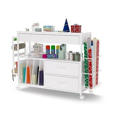 Wrapping Paper Storage & Organizer, Craft Cart with Ribbon & Gift Bag Storage, Wrapping Paper Organizer Holder(3 Wooden Drawers-White)