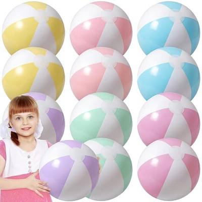 MiniInflat 12 Pcs 16 Inch Inflatable Beach Balls Bulk Jumbo Pastel Inflatable Decorated Ball with Macaron Color PVC Party Ornaments for Adults Kids Summer Birthday Party Decoration (Multicolor)