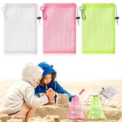 3 Pcs Mesh Beach Bags For Kids 5.9 x 8.3 Inch Shell Collecting Bag Seashell Bags With Clip And Toggle Closure Beach Vacation Essentials For Beach And Box Toy Bag With Toddler(Not Included Toys)
