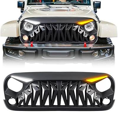 Front Grill Compatible with 2007-2018 Jeep Wrangler JK JKU, Shark Grille w/DRL Turn Signal Lights, Matte Black