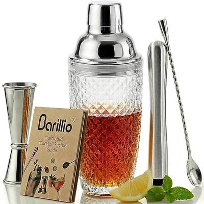 Barillio Glass Cocktail Shaker Set | 14 oz Cobbler Mixer with Bar Tools | Bartender Kit with Measuring Jigger, Mixing Spoon and Muddler | Gift Set