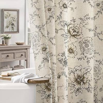 Farmhouse Floral Vintage Shower Curtain, Black Linen Pattern Shower Curtains for Bathroom, Tan Taupe,72x72