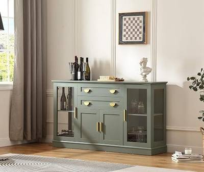 FOREST GRAVITY Large Sideboard Buffet Cabinet with LED and Drawers | Glass Doors; With 2 drawers; Adjustable Shelf; LED Lighting; Green; Easy Assembly With Clear Instruction