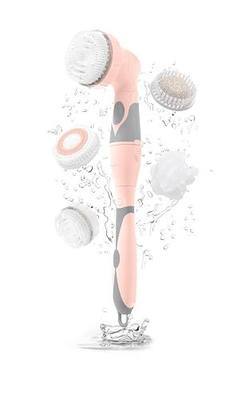 Brookstone 5 Piece Electric Body Bath Brush | Long Handled Body Scrubber and Facial Cleansing Brush | Battery Powered Shower Brush with 4 Spin Brush Heads (Charcoal/Black)