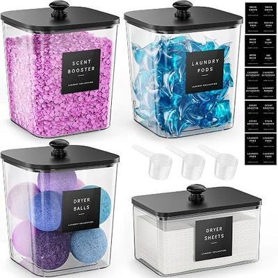 4 Pack Laundry Pods Container, Clear Laundry Room Organization Containers Essentials, Large Detergent Powder Storage Containers Black Wooden Lids & Labels Signs, Home Acrylic Laundry Pods Holder