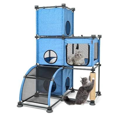 Large Cat Hamock Bed with Scratching Post – Multi-Level Cat Tree with House Condos & Ladder for Indoor/Outdoor Use+Blue/Three-Tier