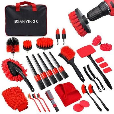 32Pcs Red Car Detailing Kit – Brush Set & Cleaning Kit with Drill Brush, Polishing/Waxing Pads, Interior/Exterior Tools for Wheels & Windshield – Portable Handbag
