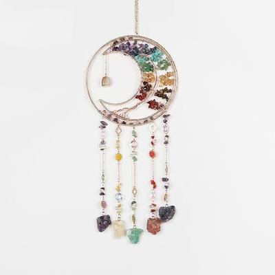 Rainbow Gemstone Dream Catcher 7 Chakras Tree of Life Moon Dream Catchers with Healing Crystal Stones Handmade Suncatcher Dreamcatcher Wall Decor for Adults Living Room,Bedroom,Garden,Bless Gift