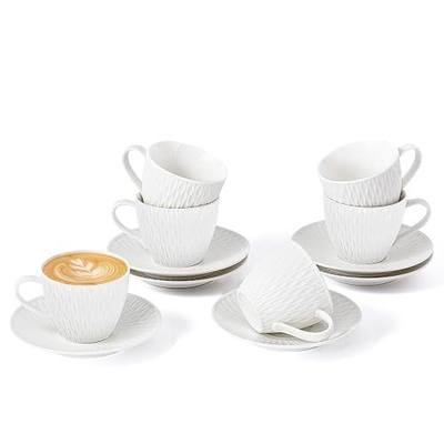 Espresso Cup and Saucer Set of 6, 6 oz Ceramic Cappuccino Barista Cup with Saucer, Stackable Coffee Mugs for Demitasse, Au Lait, Latte, Cafe Mocha, Tea, Birthday Day Thanksgiving Christmas Gift, White