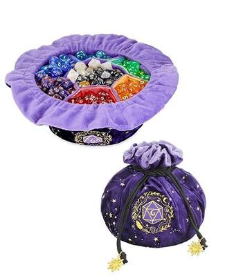ANZOME Large Dice Bag, Purple Velvet with 7 Color-Coded Pockets, RPG | Self-standing pouch holds 200+ polyhedral sets, sorted rainbow compartments, tabletop game storage, heavy & metal pieces