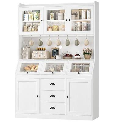 HIFIT 71.4” H Kitchen Hutch Pantry Cabinet with 3 Bread Boxes&7 Metal Hooks | Farmhouse Kitchen Hutch Cabinet with Storage and Glass Doors for Living Dining Room, Home Office, White
