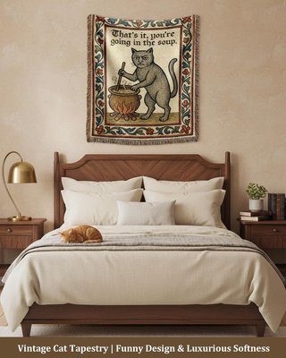 mevious Weird Medieval Cat Woven Tapestry, Vintage Cat Themed Woven Sofa Blanket, Wall Hanging Art Handicrafts, Soft and Cozy Multipurpose Blanket, With Fringe Tassels, Home Decor for Cats Lovers