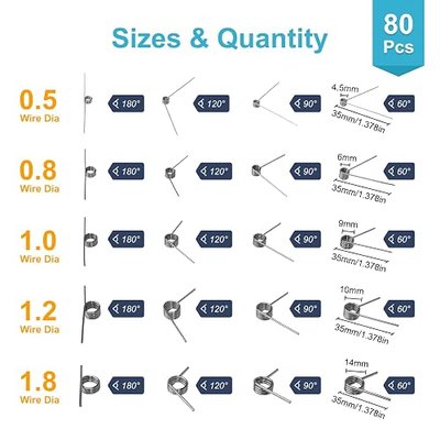 80PCS Torsion Spring Assortment Kit, 20 Sizes 60/90/120/180 Degree Stainless Steel Small Torsional Springs Set, for 3D Printer, Hinge Repair, Automotive Door Handle, DIY Mechanical Projects