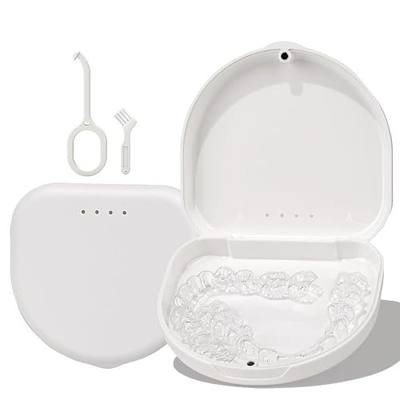 HEMILAB Retainer Case, Compatible with Invisalign, Vivera, Slim Aligner Case with Vent Holes, Portable Orthodontic Container with Removal Tool, Brush and Lanyard, White