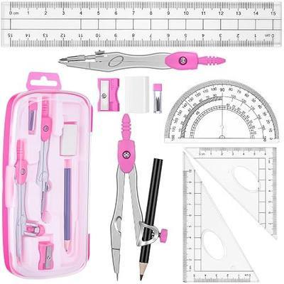 Zonon Math Geometry Set for Students 10 Pcs Compass Geometry Tools Kit Includes Protractor Compass Lead Refills Rulers Pencil Sharpener Eraser Pencil Storage Box for Drafting and Drawings(Pink)