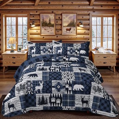 3 Piece Cabin King Size Quilt Sets Farmhouse Rustic Reversible Microfiber Soft Lightweight Bedspread Comforter with 2 Shams Patchwork Country Lodge Bedding Quilts Set for All Season, 106''x96'', Brown