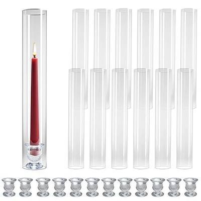 12 Pack Clear Glass Hurricane Candle Holders 14 Inch Tall | Includes Taper Candlestick Holders and Open Ended Cylinders Ideal Centerpieces for Weddings Events and Home Decor