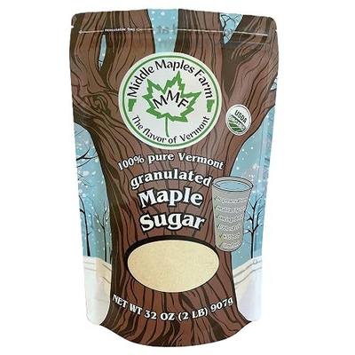 Vermont Pure Powdered Granulated Organic Maple Sugar, Good Cause, Made in the USA, from Middle Maples Farm - 2lb resealable pouch, Raw, Unrefined, Non-GMO, Gluten Free, Nut-Free, No Preservatives, Vegan, No Additives - Great for Desserts, Baking, Dusting, in Oatmeal, and in Dry Seasoning Rubs - Made