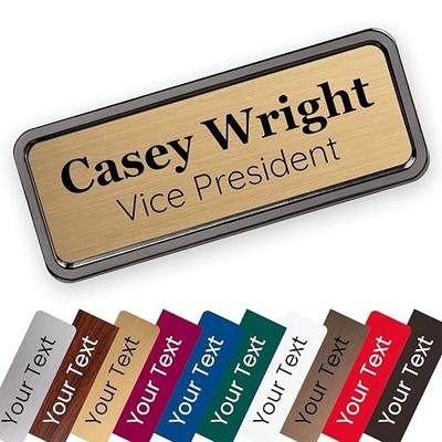 ExcelMark Custom Name Tag - Engraved Name Badge with Pin or Magnetic Backing, 16 Colors, 6 Fonts, and 2 Sizes to Choose from (Gold w/Black Letters, 1"x 3")