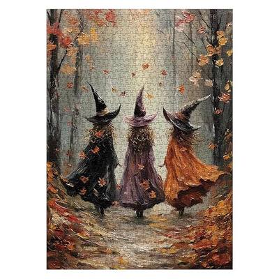 Fall Witch Painting Puzzles for Adults 1000 Pieces Nature, Halloween Autumn Forest Art Jigsaw Puzzles, Magic Women Aesthetic Plant Tree Puzzle