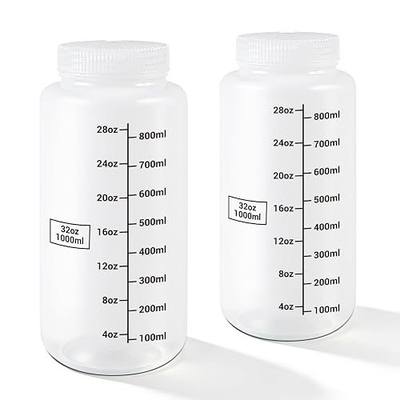 DEMORA Plastic Bottles with Airtight Caps 32oz/1000ml, Food Grade Wide Mouth Liquid Containers, Reusable PP Graduated Plastic Bottles for Water Sample Lab Reagent Liquids Mixing (Clear, 2 Pcs)