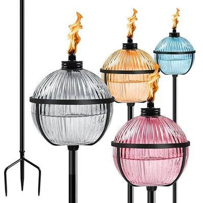 Citronella Torches Set of 4, Large Capacity 16 oz Outdoor Glass Torch Garden Décor,58.6 - Inch Upgraded Citronella Torches with 3-Prong Grounded Stake for Yard, Patio, Gatherin
