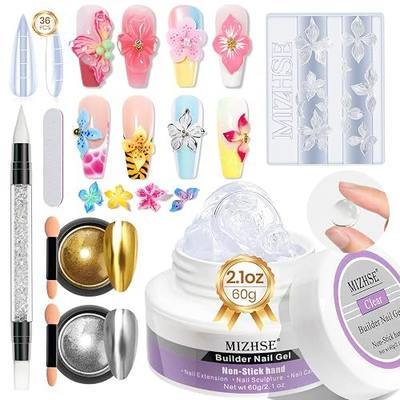 MIZHSE 3D Gel Nail Art Sculpting Gel, 60g Large Capacity Non-Sticky Clear Solid Builder Gels for Nails, Molding Hard Gels for Nail Art Charms, U V LED, with Gold Chrome Powder & Silicone Flower Mold