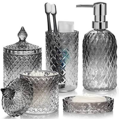 Bathroom Accessories Set, 5Pcs Gradient Glass Bath Accessory Sets Complete, Glass Bathroom Accessories with Soap Dispenser, Soap Dish, Toothbrush Holder, Qtip Holder