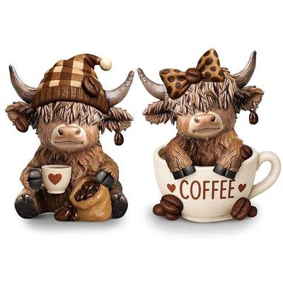Wesiti 2 Pcs Coffee Highland Cow Figurines Decor, Coffee Cow Desk Decorations Gnomes Scottish Resin Statue Calf for Home Garden Kitchen Office Tiered Tray Table