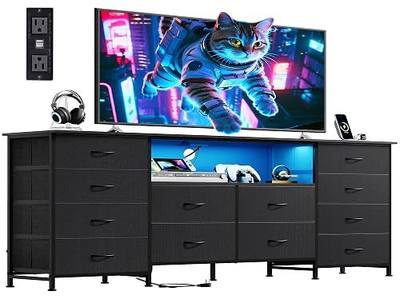 WLIVE 12 Drawer Dresser for Bedroom, Black Dresser TV Stand for 65, 70, 75 inch TV with Led Light & Charging Station, Wide Chest of Drawers with Open Shelves, Fabric Dressers for Closet, Living Room