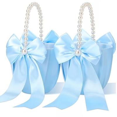Zhehao Set of 2 Wedding Flower Girl Baskets with Cute Pearl Handle Bowknot Satin Flower Baskets for Wedding Ceremony Anniversary(Blue)