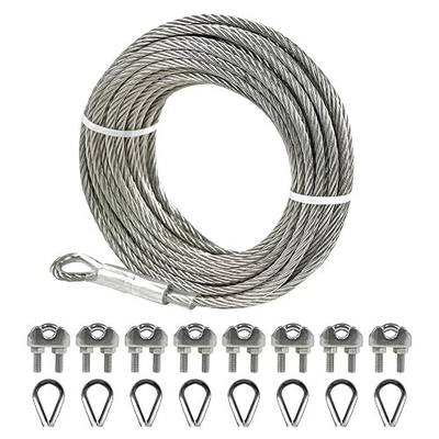 1/4" Stainless Steel Cable 50FT Wire Rope with Clamps and Thimble, 7X19 Strands Aircraft Cable for Zipline, Outdoor, Deck Railing, Heavy Duty Applications, Hanging, 6400lbs Breaking Strength