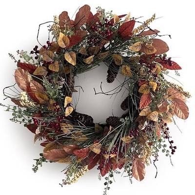 Fall Wreath for Front Door Artificial Autumn Red Broad Leaves Wreath with Golden Foliage and Burgundy Berries Farmhouse Harvest Wreath for Indoor/Outdoor/Thanksgiving/Halloween/Home