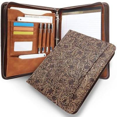 Zippered 3 Ring Portfolio Binder, Padfolio Organizer for Women | Embossed faux leather organizer fits Letter/A4 pads and 13.9 in tablet, with card slots and pen holders for work.