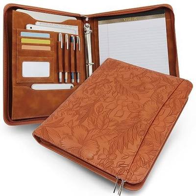 Zippered 3 Ring Portfolio Binder, Padfolio Organizer for Women | Embossed faux leather organizer fits Letter/A4 pads and 13.9 in tablet, with card slots and pen holders for work.